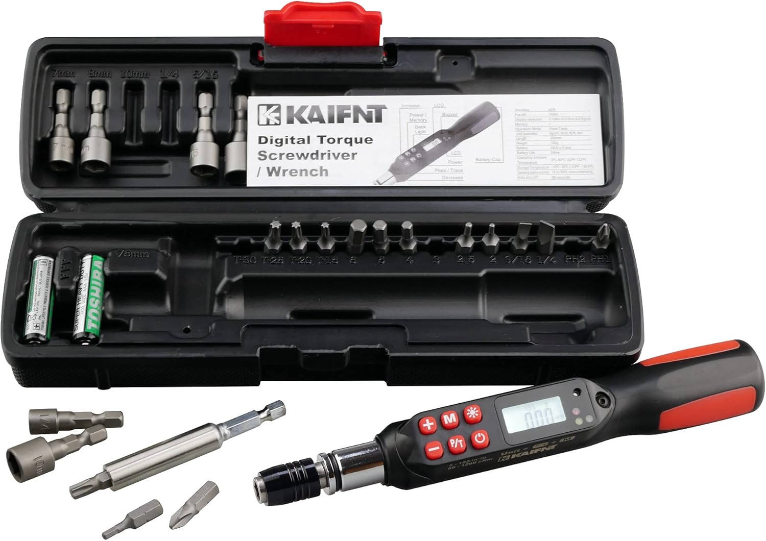 KAIFNT K551 Digital Torque Screwdriver/Wrench Set, 5 to 85 in·lbs, Buzzer/LED Flash Notification, Dual Direction