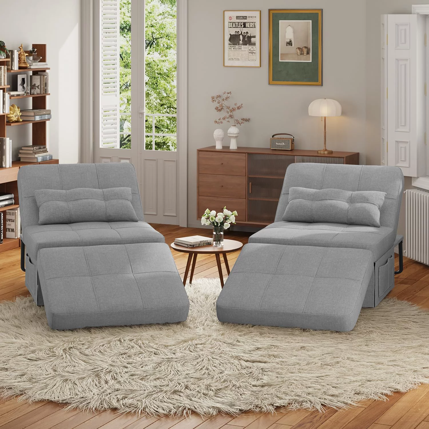 4 in 1 Sofa Bed, Sleeper Chair Bed Convertible Chair, Assembly-Free Sofa Chair Bed with Adjustable Backrest Breathable Linen