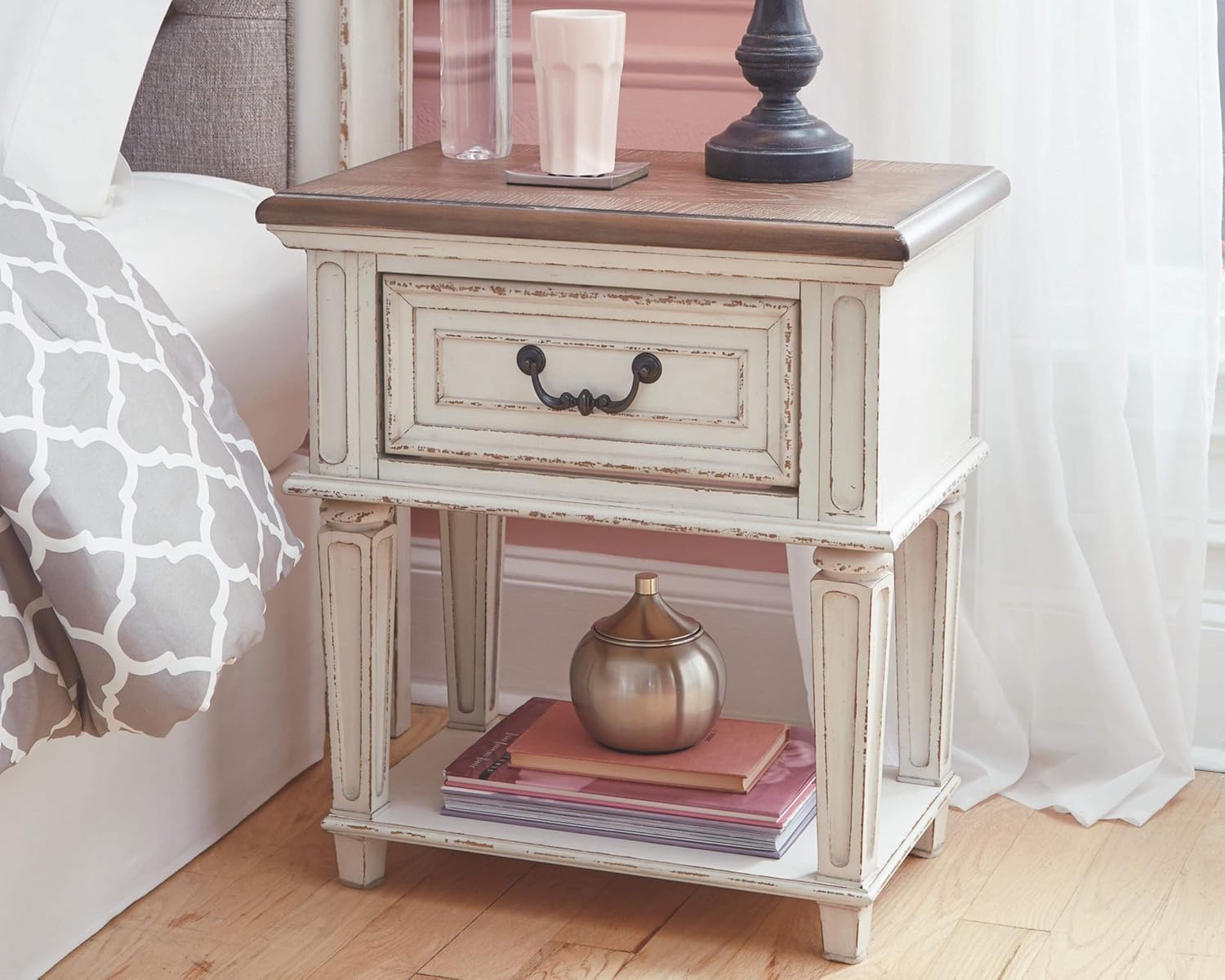 Signature Design by Ashley Realyn French Country 3 Drawer Nightstand with Electrical Outlets & USB Ports, Chipped White