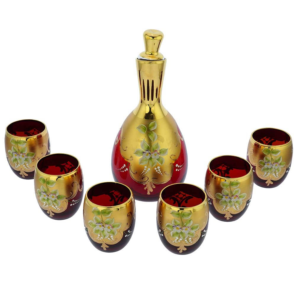 Murano Glass Decanter Set with 6 Wine Glasses Tumblers 24K Gold - Red