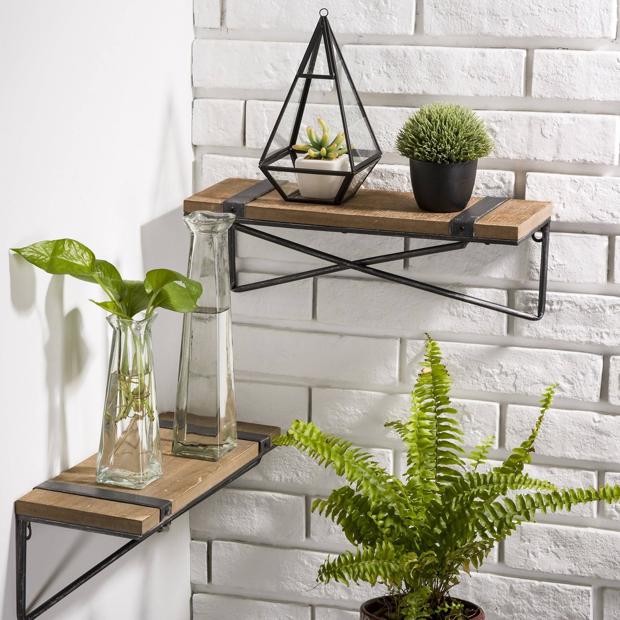 Glitzhome Farmhouse Rustic Metal Wooden Wall Shelf Set of Two - Large and Small