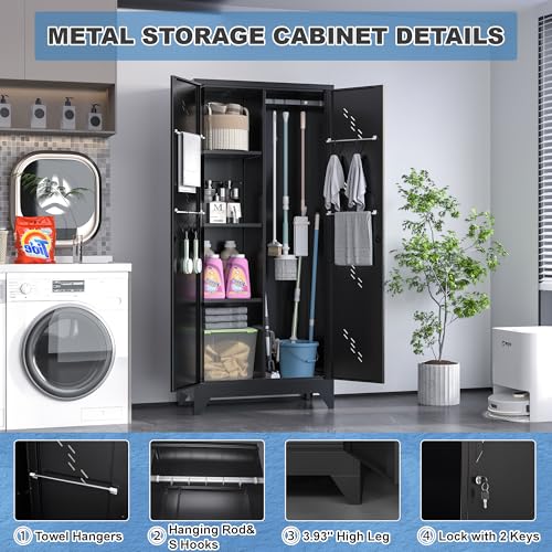 Broom Closet Storage Cabinet, 71" Metal Garage Cabinets with Lock & Hanging Rods, Utility Closet for Brooms and Mops