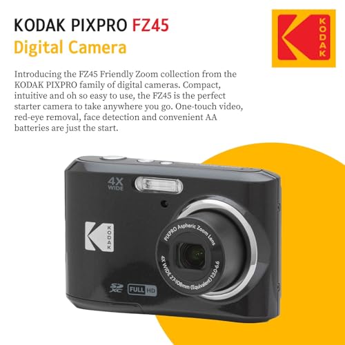 KODAK PIXPRO FZ45 16MP Digital Camera with 4X Optical Zoom 27mm Wide Angle and 2.7" LCD Screen Bundle with 32GB SD Memory Card, AA Batteries (4 Pack)