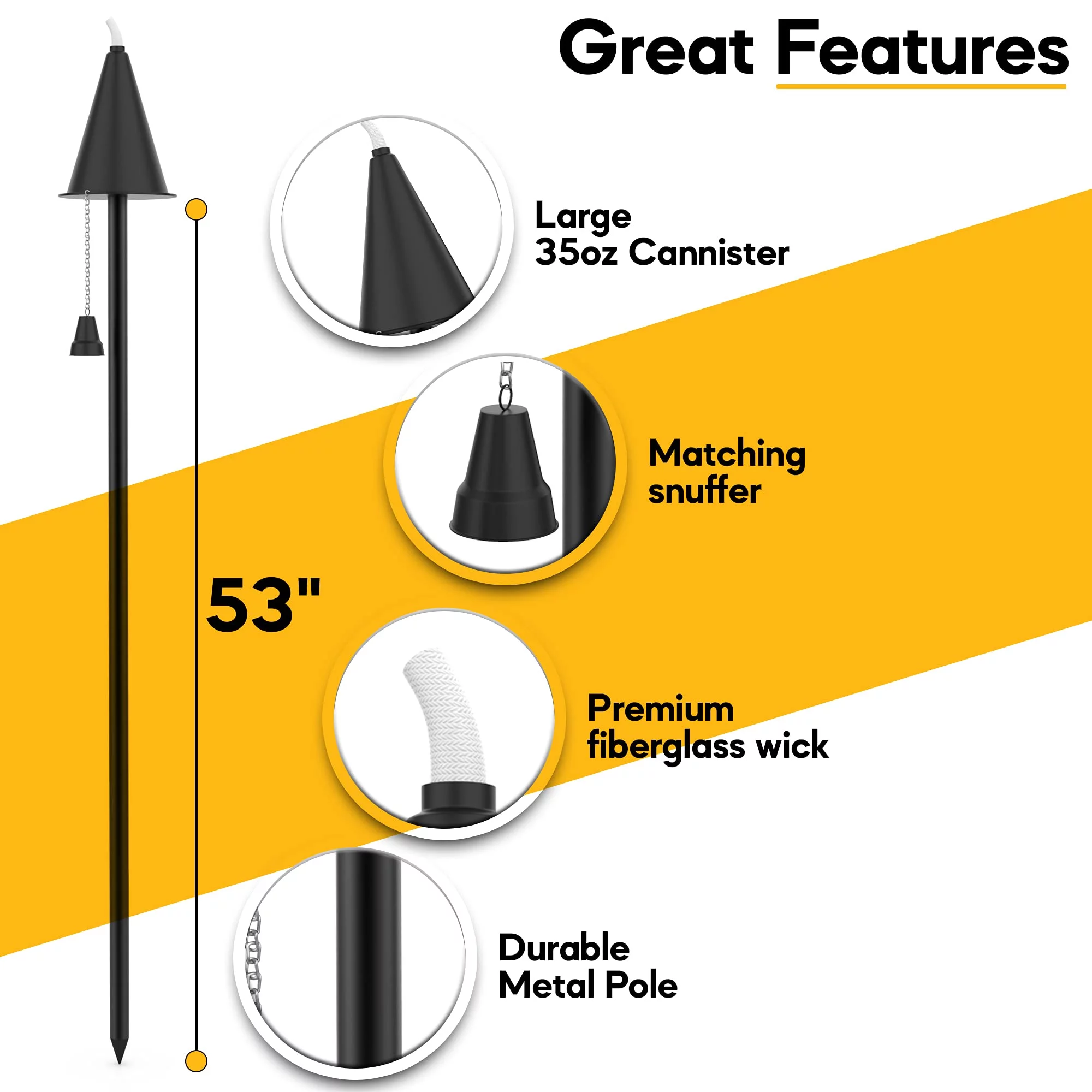 Legends Direct Set of 4, Hawaiian Series Premium Metal Torch, 53" Tall- Tiki Style /w Snuffer, Fiberglass Wick & Large 35oz Oil Lamp for Deck, Patio