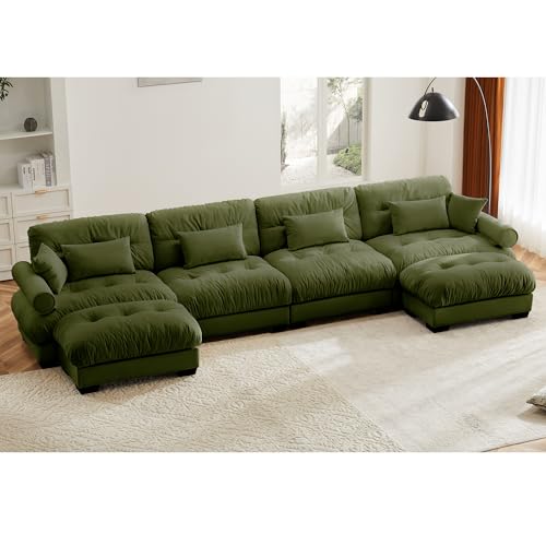 130" Modular Sectional Sofa,Velvet Upholstered Couches for Living Room,3 Seater Green Sofa Couch with Movable Ottoman