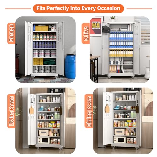 71" Metal Storage Cabinet with Wheels and Pegboard, Lockable Rolling Steel Storage Cabinet with 5 Adjustable Shelves and Door for Garage, Office