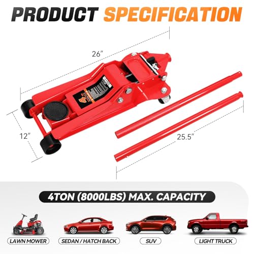 Auto Dynasty 4 Ton Low Profile Floor Jack, Heavy Duty Steel Hydraulic Car Jack with Dual Pistons Quick Lift Pump, Hydraulic Racing Floor Jack