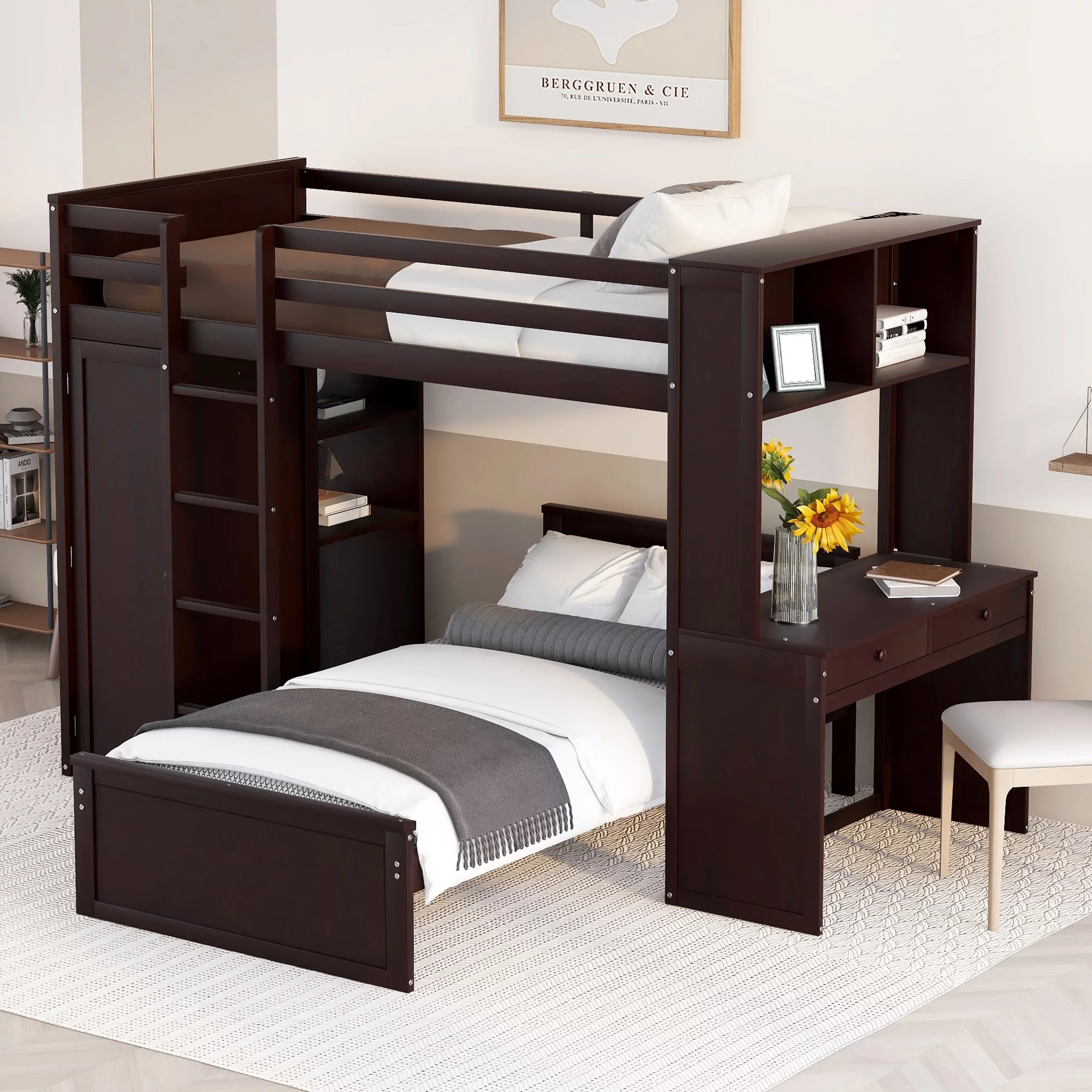 Twin Size Solid Wood Loft Bed with a Stand-alone bed, Shelves, Desk, and Wardrobe, Multifunctional Loft Bed with Ladder, Shelves, Wooden Loft Bed