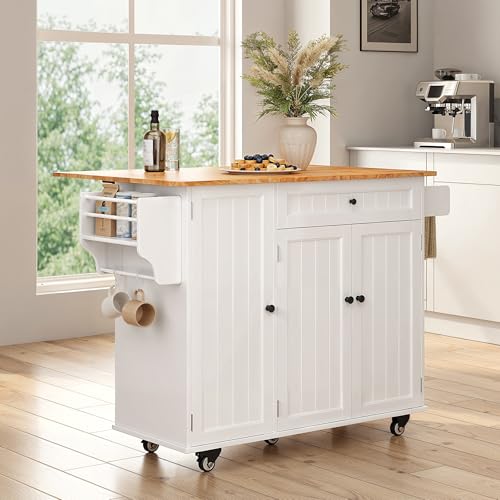 Ahomly Kitchen Island with Storage, Island Table for Kitchen with Drop Leaf, 5 Wheels, Interal Storage Rack, a Drawer, Spicy Rack and Towel Bar