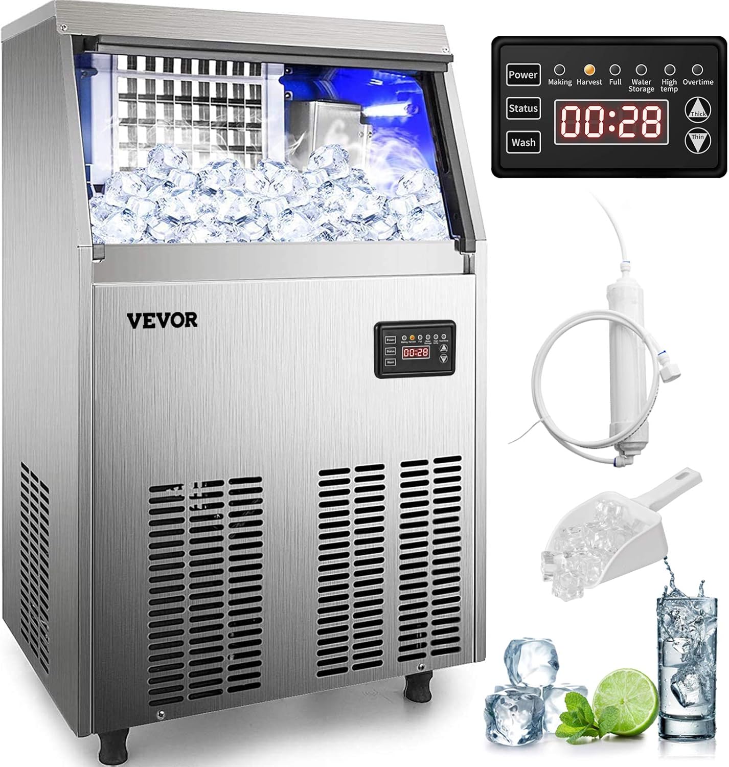 VEVOR 110V Commercial Ice Maker 80-90LBS/24H with 33LBS Bin, Full Heavy Duty Stainless Steel Construction, Automatic Operation
