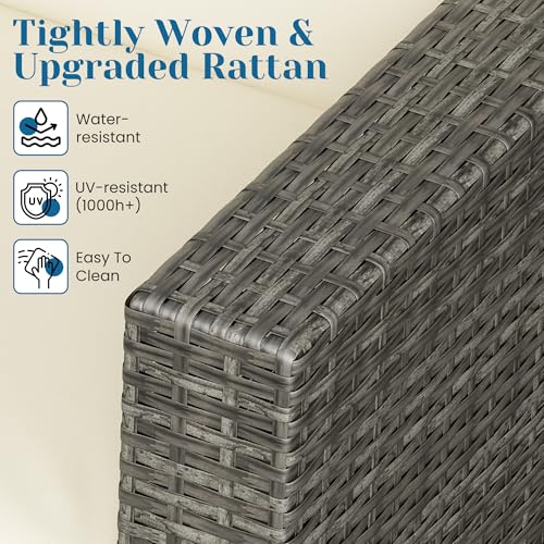 7 Pieces Outdoor Patio Furniture Sets with Glass Tea Table, PE Rattan Wicker Patio Conversation Set with Washable Cushions