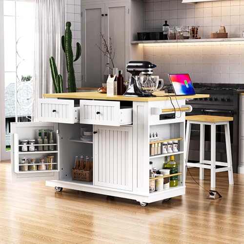 Rolling Kitchen Island with Drop Leaf & Power Outlet, Large Kitchen Islands Cart on Wheels