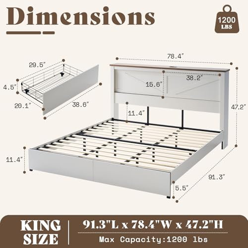AMERLIFE 47.2" H King Bed Frame with Hidden Space Bookcase Headboard and Charging Station, Beds with 2 Storage Drawers and Wood Slats