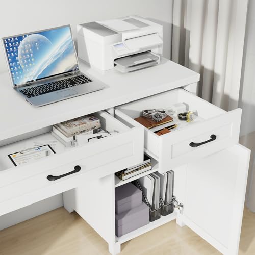 Farmhouse 61'' Executive Desk with 5 Drawers, Rustic Office Desk Computer Desk with Charging Station, File Drawers and Storage Cabinet