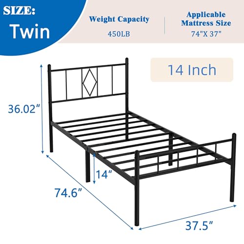 Full Size Bed Frame, 14 Inch Metal Platform Bed with Iron-Art Headboard & Footboard, Classic Bed Frame with Heavy Duty Metal Slats Support