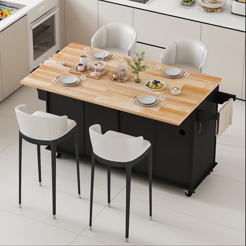 67’’ Movable Kitchen Island with Drop Leaf and Power Outlet, Lockable Sliding Countertop Rolling Island Cart with 2 Large Drawers, Spice, Towel Rack