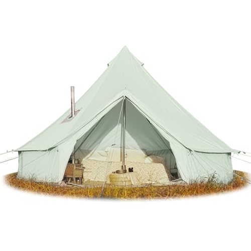 Cotton Canvas Bell Tent, Waterproof Large Tents with Sturdy Center & Door Pole and Space for 4/6/8 Person All 4 Season Camping Yurt Tent