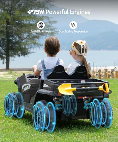 ELEMARA 24V Ride on Toy for Big Kid,Ride on Car 2 Seater w/Sun Shade,Dump Bed & Shovel,4.5MPH,4WD Electric Car for Kids,Battery Car w/Remote