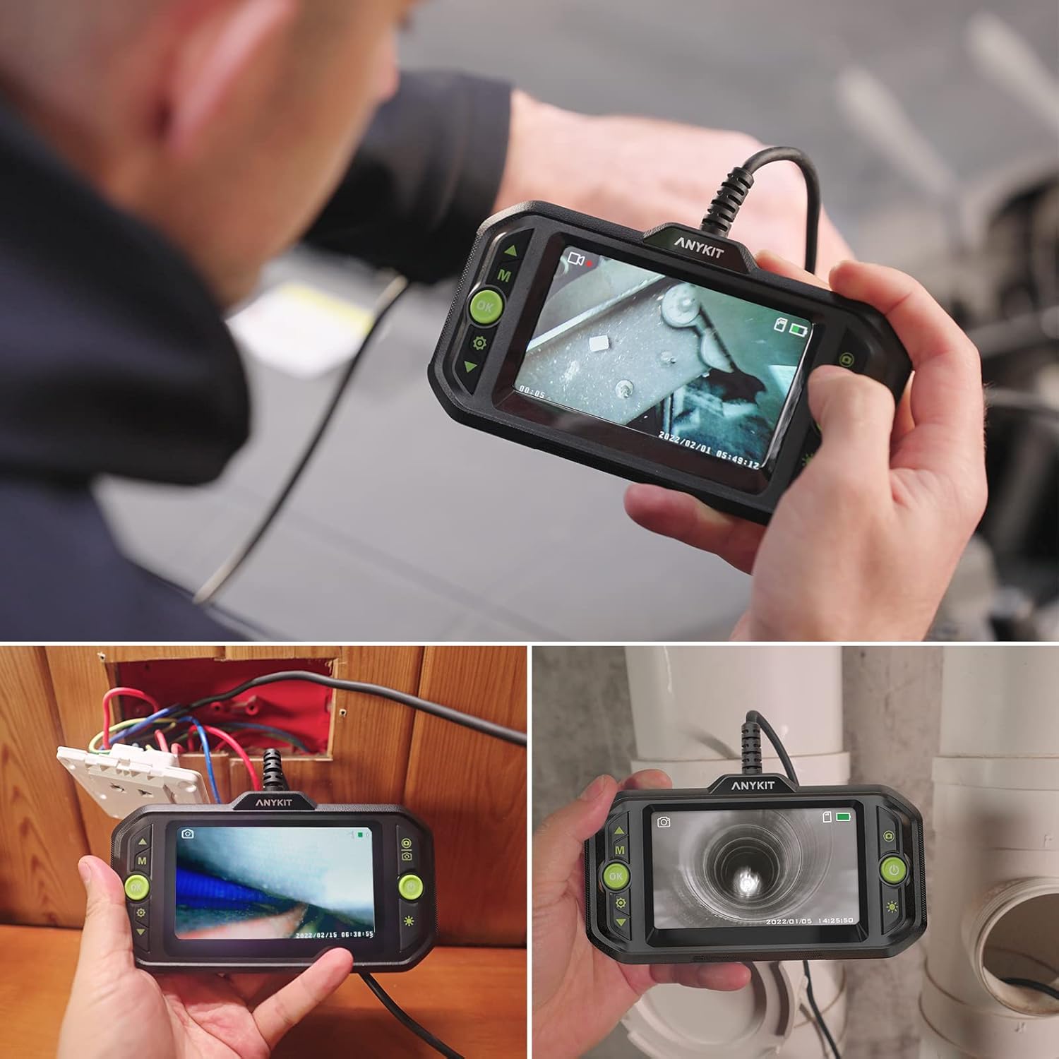 Triple Lens Endoscope, Anykit 1080P Borescope Inspection Camera with 6 LED Lights, Waterproof Snake Camera with 4.3 Inch Screen