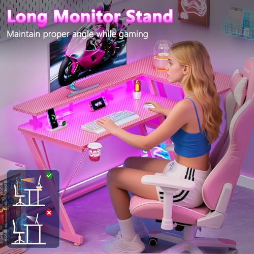 55 Inch Gaming Desk with Power Outlet & LED Lights, L Shaped Gamer Computer Table with Storage Shelves for Bedroom, Corner Home Office Desk