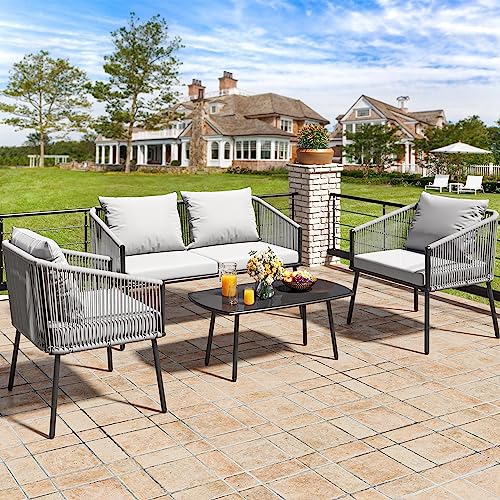 YITAHOME 4-Piece Patio Furniture Wicker Outdoor Bistro Set, All-Weather Rattan Conversation Loveseat Chairs for Backyard