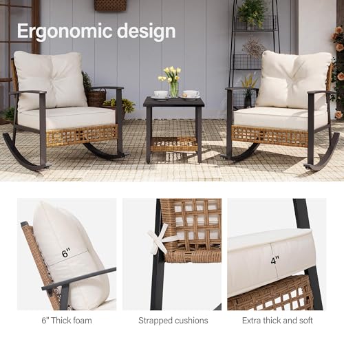 LAUSAINT HOME 3-Piece Rocking Bistro Set, Outdoor Patio Furniture with Thick Cushions and 2-Tier Coffee Table