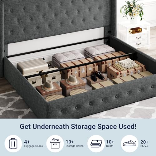 Allewie Full Size Lift Up Storage Bed, Modern Wingback Headboard, Hydraulic Support, No Box Spring Needed, Light Beige