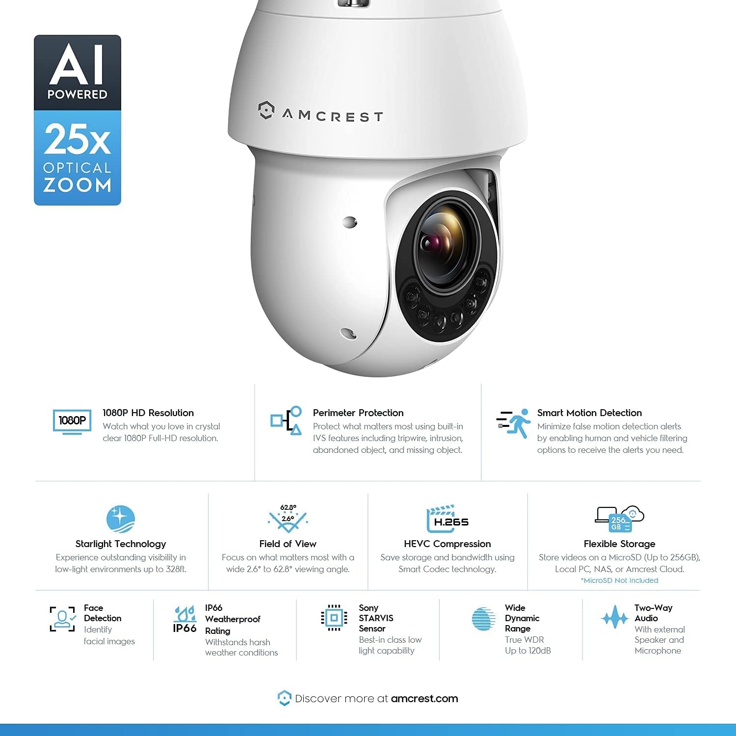 Amcrest 2MP Outdoor PTZ POE + IP Camera Pan Tilt Zoom (Optical 25x Motorized) ProHD POE+ Camera Security Speed Dome, CMOS Image Sensor