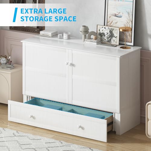 Mjkone Murphy Bed, Queen Cabinet Beds with Tri-fold Mattress and Built-in USB Charging Station/Drawer