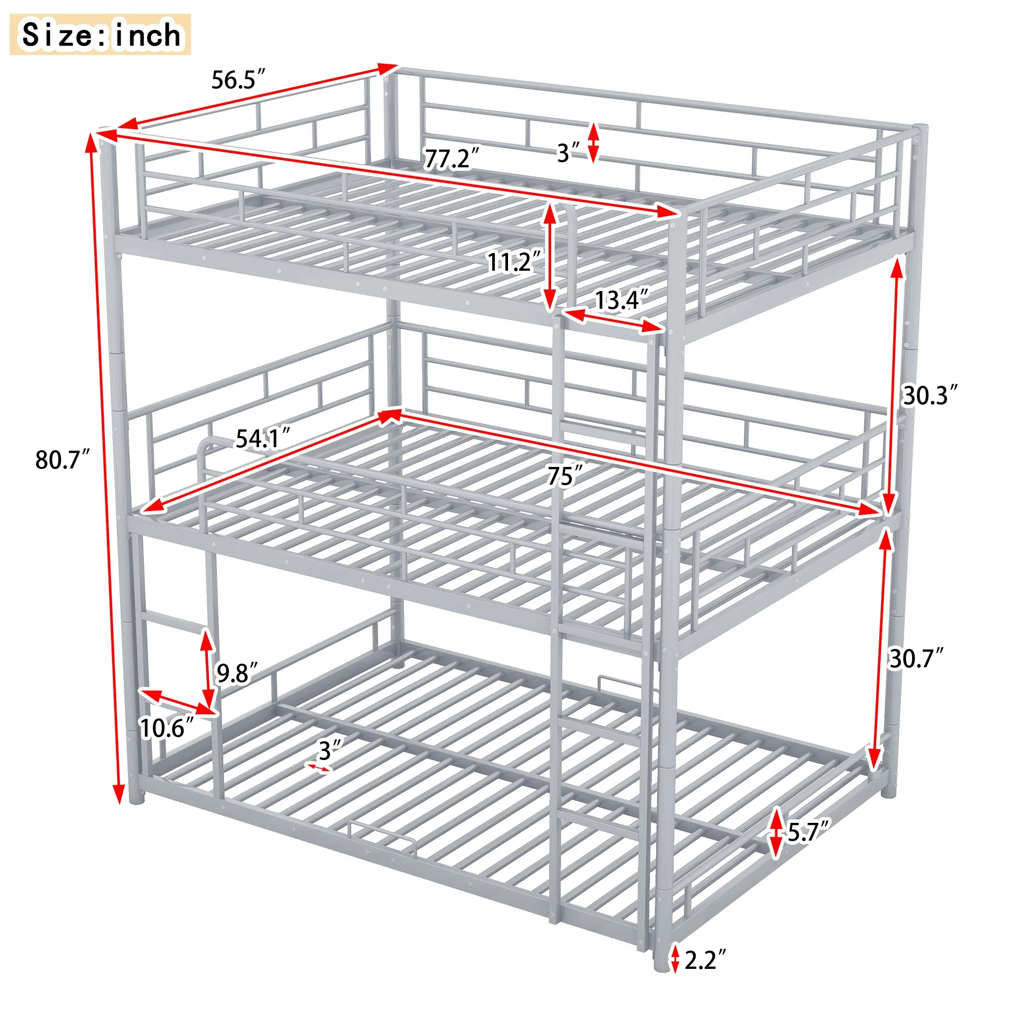 Nestfair Silver Full Size Metal Triple Bunk Bed