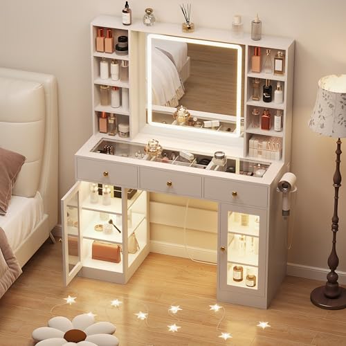 White Vanity Desk with Mirror and Lights, Glass Top Vanity with Lighted Mirror & RGB Glass Cabinet and 3 Drawers