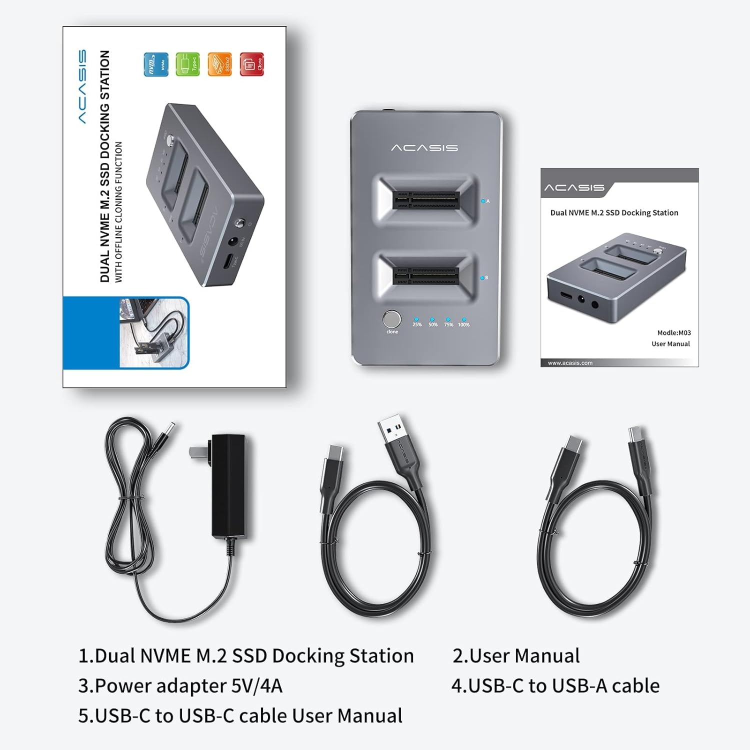 ACASIS Dual-Bay M.2 NVME Docking Station, Dual Nvme M.2 Duplicator Offline Clone, Tool-Free USB Type-C SSD Enclosure Compatible with M Key SSDs