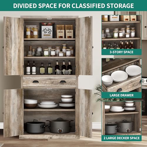 YITAHOME 72'' Tall Kitchen Pantry Cabinets, Farmhouse Storage Cabinets with Barn Doors, Drawer ＆ Adjustable Shelves