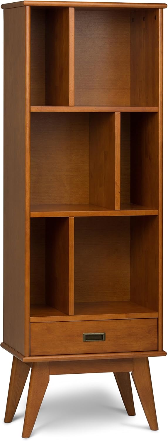 SIMPLIHOME Draper SOLID HARDWOOD 64 inch x 22 inch Mid Century Modern Bookcase and Storage Unit in Medium Auburn Brown with 6 Shelves