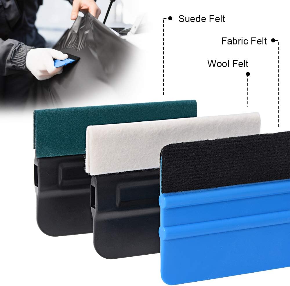 Pro Vinyl Wraps Applicator Tool Kit Window Tint Film Car Wrapping Tools Includes Felt Squeegees, Plastic Scraper, Wrap Knife and Blades