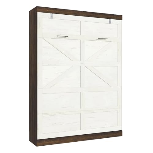 Queen Size Murphy Bed with 2 LED Lights, Farmhouse Wood Hidden Foldable Wall Bed Frame w/Gas Struts, Storage Bed Cabinet for Bedroom, Office