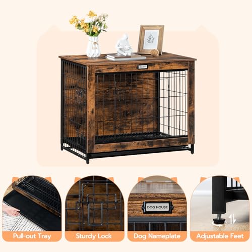 HOOBRO Dog Crate Furniture, 38.6" Large Dog Kennel Indoor, Wooden Cage with Pull-Out Tray