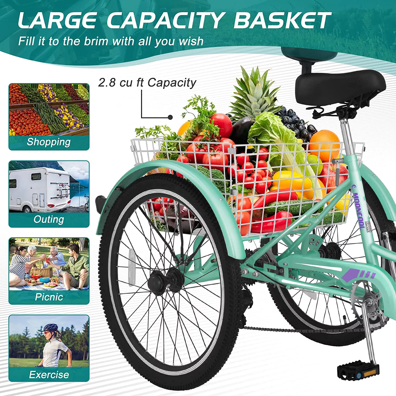 Docred Adult Tricycle 7 Speed 24 Inch Three Wheel Bike Cruiser Trike for Men/Women/Seniors