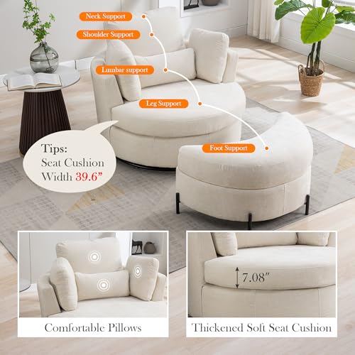 Aoiy & Wifon 42.2" W Oversized Swivel Barrel Chair with Ottoman, Upholstered Round Accent Chair with Storage Ottoman, Chenille, Beige