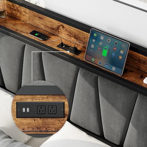 GAOMON Full Size Bed Frame with 4 Storage Drawers and Linen Upholstered Headboard, Full Platform Bed Frame with Charging Station