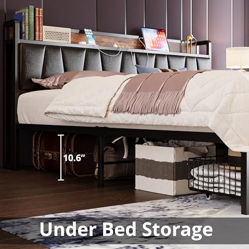 LIKIMIO Full Size Bed Frame, Storage Headboard with Charging Station, Platform Bed with Drawers, No Box Spring Needed, Easy Assembly