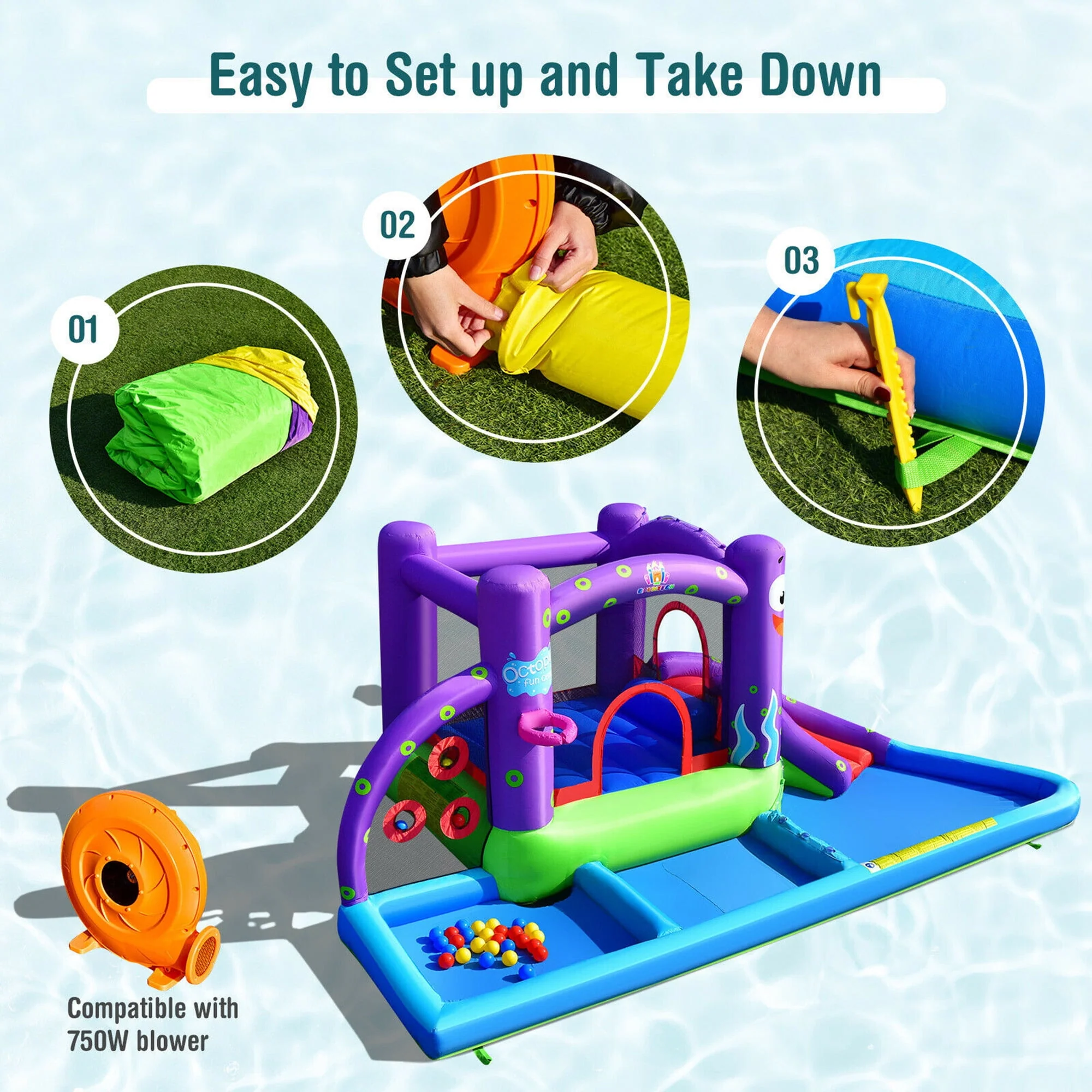 Gymax Inflatable Water Slide Castle Kids Bounce House w/ Octopus Style Blower Excluded