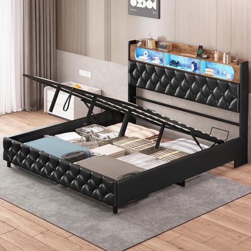 King Size Lift Up Storage Bed Frame, King Platform Bed with Storage & LED LIghts & Charging Station, Upholstered Storage Headboard