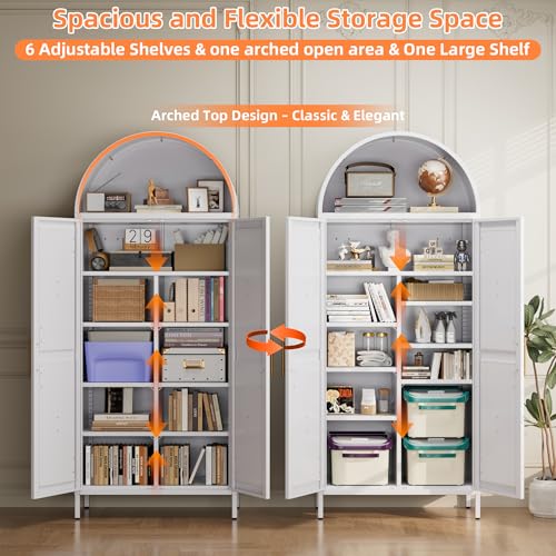 Tall Kitchen Pantry Cabinet, Metal Display Storage Cabinets with 4 Doors/2 Drawers for Kitchen Home Office Living Room, Assembly Required
