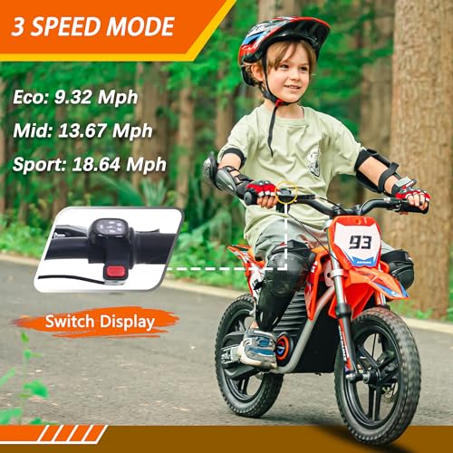 OLALA 36V Electric Dirt Bike for Kids Aged 4-8, Brushless 350W Racing Grade Electric Motorcycle, Up to 18.6MPH & 3 Speed Settings, Dual Disc Brakes