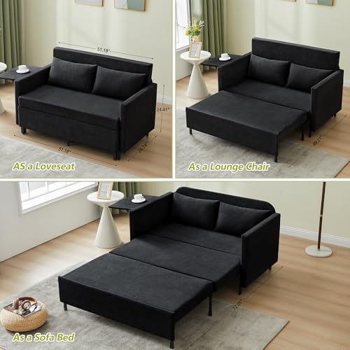 3-in-1 Sleeper Sofa Bed, 51'' Convertible Folding Couch with Pullout Bed, Chenille Futon Sleeper Sofa with Side Table and 2 Pillows