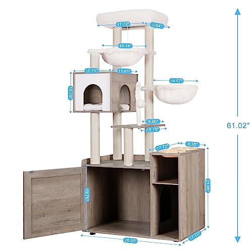 Hey-brother Cat Tree with XL Litter Box Enclosure, All-in-one Cat Tower for Indoor Cats with Large Hammock, Bed, Food Station, Scratching Posts