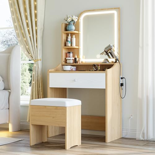 LIKIMIO Small Makeup Vanity Desk with Mirror and Lights, Vanity Table Set with Storage Drawer, Chair and Three Shelves, Bedroom, White