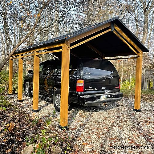 Sunjoy Carport 11 ft. x 20 ft. Standard Wood Gazebo Heavy Duty Garage, Cedar Framed Gazebo Car Shelter with Metal Roof and Movable Ceiling Hook