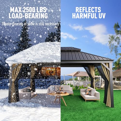 Gazebo 10' x 12' with Mosquito Net and Privacy Sidewalls, Patio Aluminum Permanent Gazebo, All Weatherproof Outdoor Hardtop Metal Gazebos，for Patio